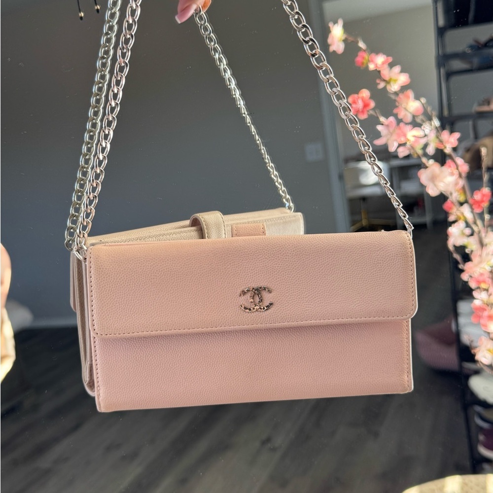 Authentic Chanel Coco Mark Sevruga Caviar Skin Flap Long Wallet On Chain Pink - Picture 15 of 16